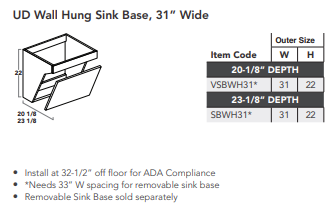 UD Wall Hung Sink Base, 31" Wide