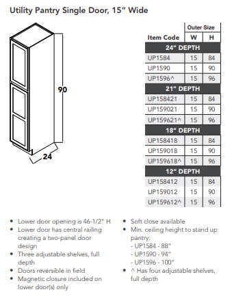 Utility Pantry Single Door, 15" Wide