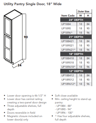 Utility Pantry Single Door, 18" Wide