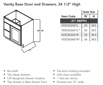 Vanity Base Door and Drawers, 34 1/2" High