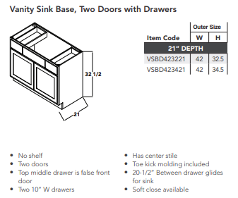 Vanity Sink Base, Two Doors with Drawers