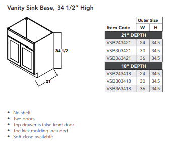 Vanity Sink Base, 34 1/2" High