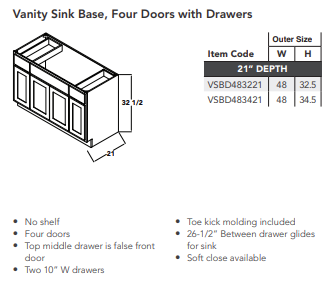Vanity Sink Base, Four Doors with Drawers